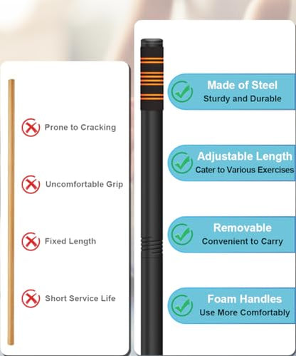 Queension 5ft Adjustable Yoga Stick with Non-Slip Foam Sleeveds for Balance | Made of Sturdy Alloy Steel, Stretching & Mobility Stick, Exercise Fitness Pole for Balance & Pilates - color: Black