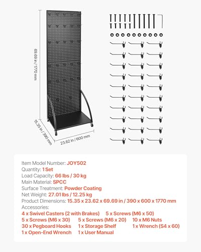 VEVOR Standing Pegboard Display with Base Plate, 23.7 x 66 in Pegboard Display Stand with Casters and 30 Hooks, Thickened Cold-Rolled Steel Peg Board Panel for Retail Store and Jewelry Shop, Black - style: Storage Style