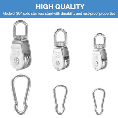 2X 304 Stainless Steel M25 Single Swivel Rope Pulley Blocks with Snap Hooks | 360° anti-twist swivel pulley. For lifting, towing & hanging wire rope on crane/outdoor. Has spring snap hooks for fast fit - size: M25-2pcs
