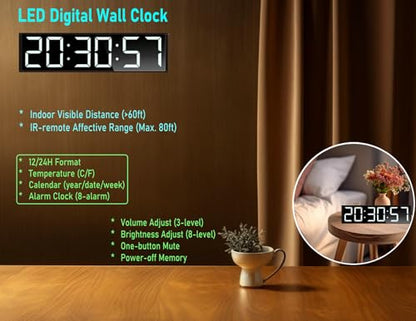 26'' Extra Large Home Gym Timer Clock, Programable Workout Interval Timer, Digital Wall Clock, with 7-Color Night Light, 8 Alarm Clocks, Calendar/Temperature, Countdown & Stopwatch (White)