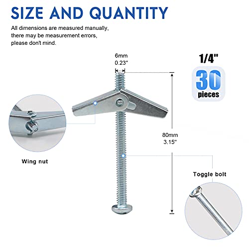 Glarks 30Pcs 1/4'' Zinc Plated Steel Round Head Toggle Bolt and Wing Nut for Hanging Heavy Items on Drywall (1/4'') - size: 1/4''