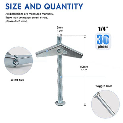 Glarks 30Pcs 1/4'' Zinc Plated Steel Round Head Toggle Bolt and Wing Nut for Hanging Heavy Items on Drywall (1/4'') - size: 1/4''