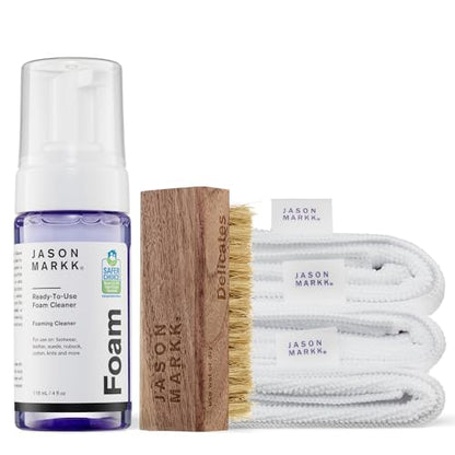 Jason Markk Quick Clean Kit & Microfiber Towel Bundle, 5-Piece Set, Ready-To-Use Foam & Delicates Brush, 3-Pack of Towels, Ideal for Footwear, Safe for Leather, Suede, Nubuck, Cotton, Knits