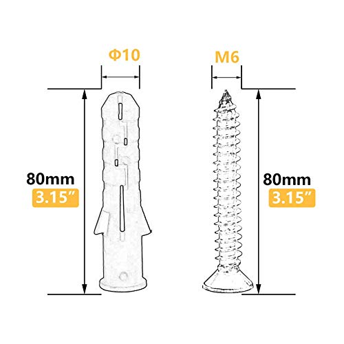 10 Set Screws and Anchors Set M6x80 Screw with 10x80 Plastic Expander Anchor Screw Hole Fillers and Screws Galvanized Plated for Drywall Hollow Wall Concrete Ceiling Tile Wood (Φ10-80mm,10set,M6 x 80) - size: Φ10-80mm