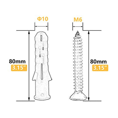10 Set Screws and Anchors Set M6x80 Screw with 10x80 Plastic Expander Anchor Screw Hole Fillers and Screws Galvanized Plated for Drywall Hollow Wall Concrete Ceiling Tile Wood (Φ10-80mm,10set,M6 x 80) - size: Φ10-80mm