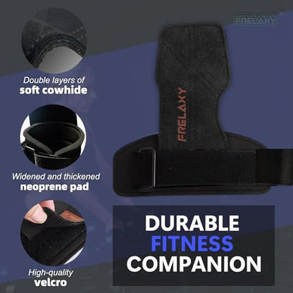 Frelaxy Lifting Wrist Straps for Women and Men, Weight Lifting Grips | Double-layer leather, Cushioned wrist support, Durable construction, Storage pouch, Deadlifts, rows, lat pulldowns - color: All Black