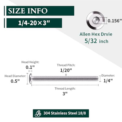 1/4-20 x 3 Hex Socket Head Cap Screws, 304 Stainless Steel 18-8, Chamfered Countersunk Machine Screws for Furniture, Binding, Machinery, Automotive, DIY Projects, 25 PCS - size: 1/4-20 x 3"