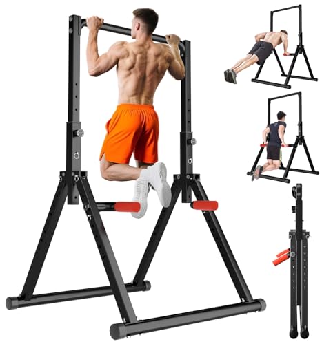 WATBKHE Power Tower Pull Up Dip Station Foldable, Pull Up Bar Station Adjustable, Multi-Function Home Gym, Strength Training Fitness Equipment, Triangular Design, for Home Outdoor - color: Black