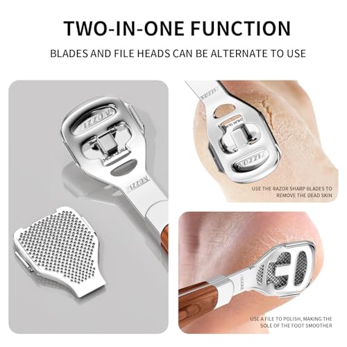 Foot Care Pedicure Callus Shaver Hard Skin Remover Wood Handle 70 Blades | Professional callus remover for hard skin, wood handle grip, includes 70 replacement blades for long-lasting pedicure care.
