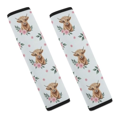 2PCS Western Animal Pink Rose Highland Cow Bull Cattle Seat Belt Cover Breathable Automotive Seat Belt Protector for Adult Use, Most Cars, Pressure Relief - color: Pattern 1139