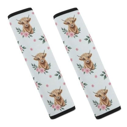 2PCS Western Animal Pink Rose Highland Cow Bull Cattle Seat Belt Cover Breathable Automotive Seat Belt Protector for Adult Use, Most Cars, Pressure Relief - color: Pattern 1139