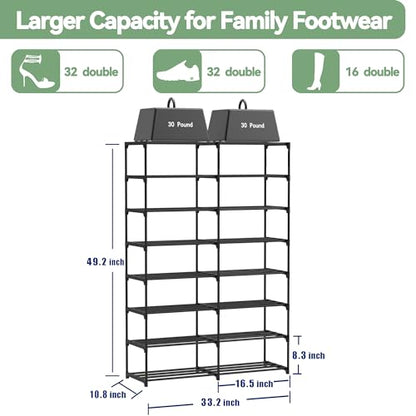 Large Shoe Rack Organizer, 2-Row 8-Tier Tall Shoe Storage Shelf for Closet, Entryway, Garage, Metal Free Standing Shoe Holder for 28-32 Pairs Shoes, Sturdy Stackable Shoe Stand for Bedroom - size: 2 Row 8 Tier