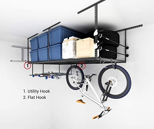 FLEXIMOUNTS 4x8 Overhead Garage Storage Rack with Hooks, 2 Pack, Black | 6 Hooks included, 750 lb Capacity, 22–40 inch Adjustable height, Heavy-duty steel, Garage organization, Classic Series - color: Black
