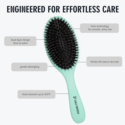 EAGLE FORTRESS Boar Bristle Hair Brush for Women, Men & Kids, Detangling Hair Brush with Polished Nylon Pins for Fine, Thin, Wet & Dry Hair, Hair Extensions, Smooth & Shine – Turquoise - color: Mint
