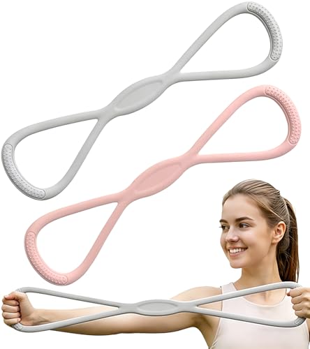 Resistance Bands with Handles, 2 Pcs Figure 8 Exercise Bands for Arm, Back and Shoulder Training, Elastic Fitness Bands for Strength Training, Stretching, Yoga and Home Workouts - color: Pink+Grey