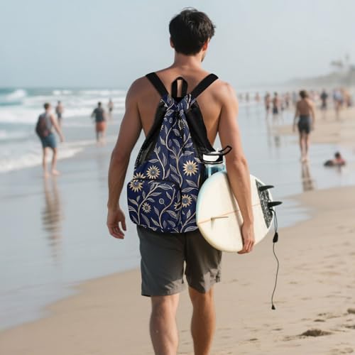 Drawstring Bags Climbing Gym Bag With Pockets Cinch Back Sack Wet and Dry Separation Sunflower Dark Blue