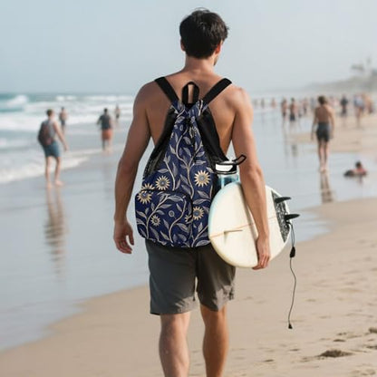 Drawstring Bags Climbing Gym Bag With Pockets Cinch Back Sack Wet and Dry Separation Sunflower Dark Blue