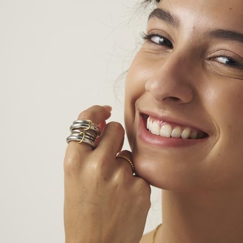 Shapes Studio Trio Linked Ring, stackable Ring, Minimalism style for women, Never Tarnish - size: 6, style: Five Band (Five Silver Two Thick Silver)