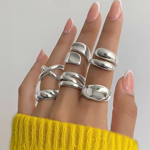 YEEZII Chunky Gold Rings for Women Non Tarnish, 18K Gold Plated Stackable Thumb Ring, Statement Women Rings Set - color: Silver