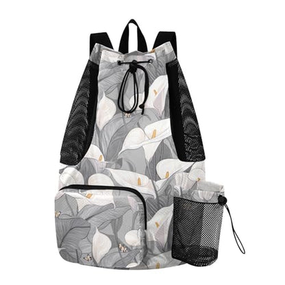 Drawstring Bags Climbing Gym Bag With Pockets String Bookbag Waterproof Safari Calla Lily Grey Flower