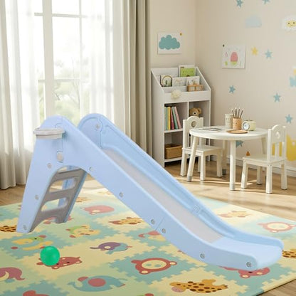 Toddler Indoor Slide, Foldable Baby Climber Playset with Basketball & Hoop | 63 in Extra Long Slope, Non-Slip Steps, Sturdy Plastic, Outdoor Playground for Backyard, Home & Playroom Use, Sky Blue - color: Sky Blue