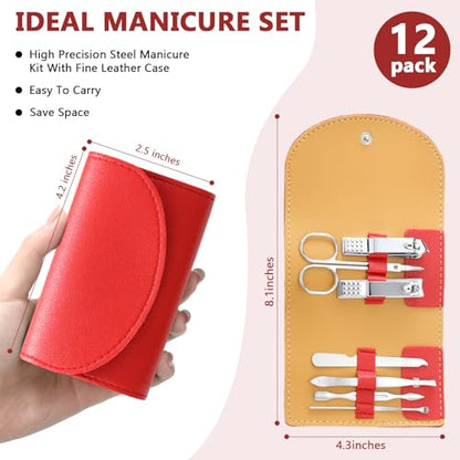12 Set Manicure Set Bulk Mini Manicure Nail Clipper Kit 7 in 1 Stainless Steel Professional Nail Care Pedicure with Travel Portable Bag Grooming Kits for Women Men Home(Red) - color: Red