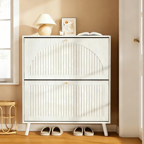 Fsbecl Shoe Storage Cabinet for Entryway with 2 Flip Drawers, Narrow Wood Shoe Cabinet with Fluted Panel, Freestanding Hidden Shoe Organizer for Hallway - color: White, size: 2 Drawers-Double Layer
