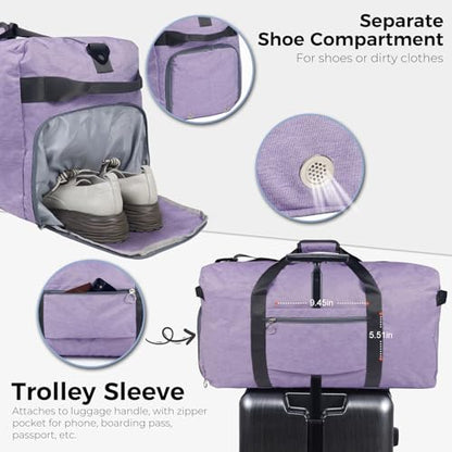Fmeida 65L Duffle Bag with Shoes Compartment, Foldable Travel Duffel Bags for Men Women, Large Packable Travel Bag Water Repellent & Tear Resistant (Purple) - color: Textured Purple