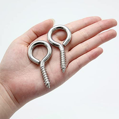 ACCZIO 8 Pack 304 Stainless Steel Eye Screws,2.5 Inch M6 Heavy Duty Eye Hooks Screw, Eye Bolts Screw in Eye Hooks for Wood, Eye Bolts for Secure Cable Wires, Indoor & Outdoor Use