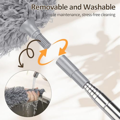 Extendable Feather Duster, Microfibre Dusters for Cleaning, Washable Long Handled Duster with 40-240 cm Telescopic Pole and Groove Brush, for High Ceilings, Household, Cars