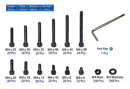 iexcell 720 Pcs M4 x 6/8/10/12/16/20/25/30/35/40/45/50 Alloy Steel 12.9 Grade Hex Socket Head Cap Screws Bolts Washers Assortment Kit, Black Oxide Finish - size: M4 x 6/8/10/12/16/20/25/30/35/40/45/50mm
