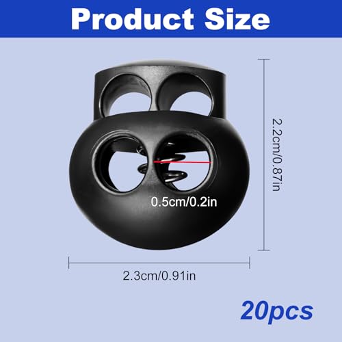 20Pcs Plastic Spring Cord Locks for Drawstring, Cord Stopper Fastener | Double Hole Paracord Toggle Stopper Clasp, Shoeslace Lock, Sweatpants Hoodie String Clips Lock Replacement