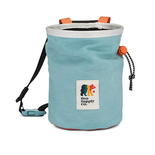 Oso Supply Co - Waxed Canvas Chalk Bag - Zipper Pocket & Mesh Pouch for Bouldering, Rock Climbing, Gym, Weightlifting – Water-Resistant, Adjustable Belt, Wide Opening - color: Arctic Blue / Coral