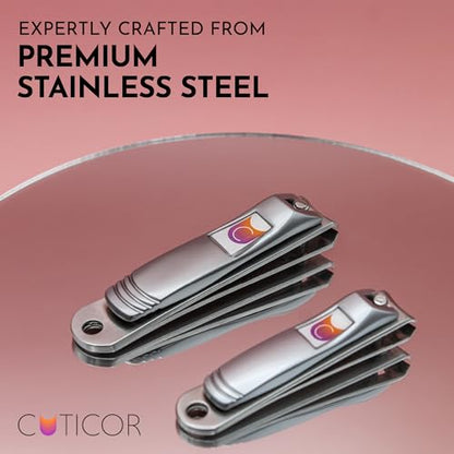 CUTICOR Stainless Steel Nail Clipper Set for Thick Nails with Travel Tin | Toenail clippers, fingernail clipper, curved blades for men and women, use at home, travel bags, toiletry kits