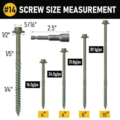[Pack of 50] #14 x 10 Wood Structural Screws, Green Coated Heavy Duty Hex Head Timber/Log/Landscaping Wood Screws, Rust Resistant, Hex Socket Included - color: Green, size: #14 x 10"