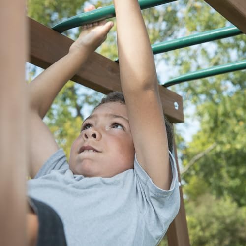 Swing-N-Slide Caribou Valley Wooden Swing Set with Wood Roof, Wave Slide, Monkey Bars, Climbing Wall, Ladder, Picnic Table, and Swings, Green Slide - size: Caribou Valley