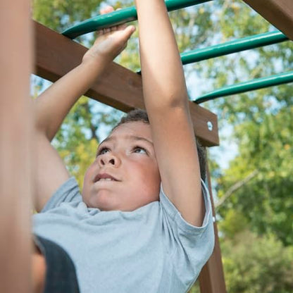 Swing-N-Slide Caribou Valley Wooden Swing Set with Wood Roof, Wave Slide, Monkey Bars, Climbing Wall, Ladder, Picnic Table, and Swings, Green Slide - size: Caribou Valley