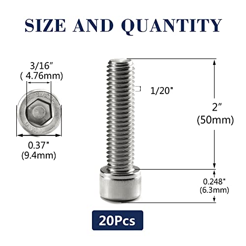 1/4-20 x 2 Socket Head Cap Screws Bolts, 20Pcs 304 Stainless Steel 18-8, Allen Socket Hex Drive, Full Thread, Bright Finish by SG TZH(with Hex Spanner) - size: 1/4-20 x 2"