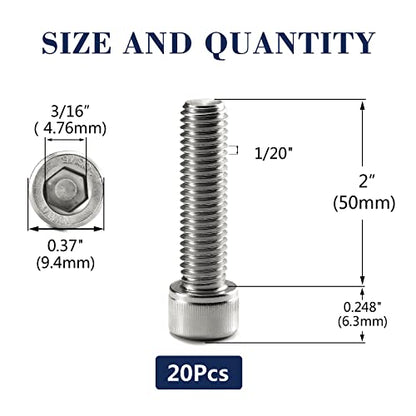 1/4-20 x 2 Socket Head Cap Screws Bolts, 20Pcs 304 Stainless Steel 18-8, Allen Socket Hex Drive, Full Thread, Bright Finish by SG TZH(with Hex Spanner) - size: 1/4-20 x 2"