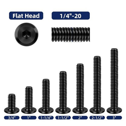 1/4-20 x 1-1/4" Flat Head Socket Head Screw Furniture Bolts Countersunk Connector Screws, Stainless Steel 18-8 (304), Black Oxide, Fully Threaded, 25 PCS - size: 1/4-20 x 1-1/4"