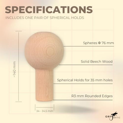 Ball Grips for FingerPeg 1.0 - One Pair of Spherical Climbing Grips for Pegboard - Wooden Sphere Bars Φ76 mm - FingerPeg 1.0 Expansion Grips for Training the Pinch Grip