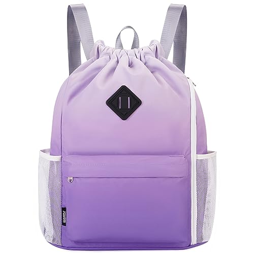 WANDF Drawstring Backpack with Shoe Compartment, Sports Gym Bag | Multi-Pocket Storage, Water-Resistant Fabric, Cinch String Bag - color: L, Purple Gradient, size: Large