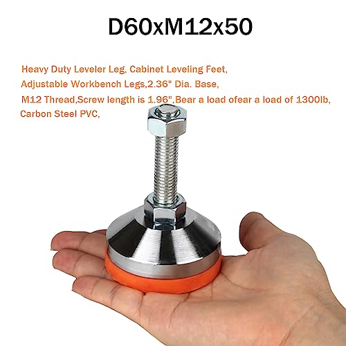 Heavy Duty M12 Thread Leveling Feet, 1300lb Capacity,4Pack | Stainless Steel Adjustable Leg Leveler for Shelving, Workbench, Machinery Devices , 2.36" Dia Base with Anti-Slip Nylon Pad - size: D60xM12x50,4 Pack