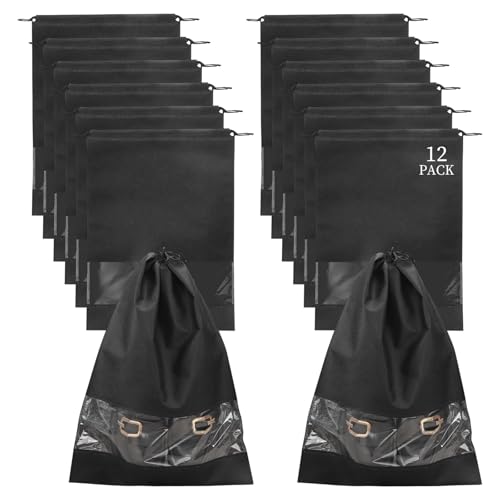 12 Pcs Portable Travel Shoe Bags, 17.3 x 12.6 Inches Waterproof Non-Woven Shoe Organizers Storage Bags, Large Drawstring Shoes Pouch Packing Organizers with Rope for Men, Women, Children (Black) - color: Black