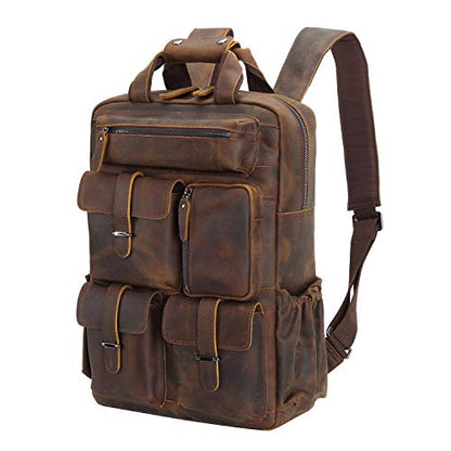 Polare Cowhide Leather Multiple Laptop Backpack Day Pack Travel Bag Satchel For Men - color: Dark Brown