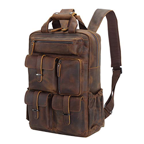 Polare Cowhide Leather Multiple Laptop Backpack Day Pack Travel Bag Satchel For Men - color: Dark Brown