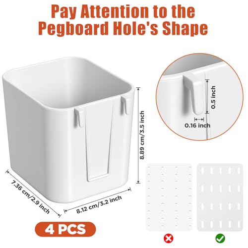 4Pcs Pegboard Cups with Hooks, 2.9 x 3.5 x 3.2 Inch Skadis Pegboard Accessories Pegboard Bins Accessories Top Storage Containers Peg Board Organizer Cups for Garage Wall Kitchen Office Workbench Home