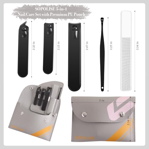 Manicure Set, 5 Piece Nail Care Kit with Carbon Steel Tools (Cuticle Nipper, Small & Large Nail Clippers, Ear Pick, Glass File), Portable Grooming Pouch, Manicure Set Nail Clippers (Gray) - color: Gray