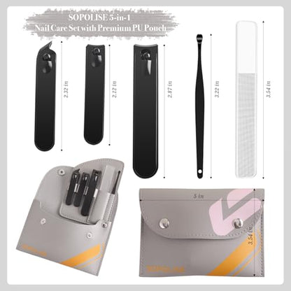 Manicure Set, 5 Piece Nail Care Kit with Carbon Steel Tools (Cuticle Nipper, Small & Large Nail Clippers, Ear Pick, Glass File), Portable Grooming Pouch, Manicure Set Nail Clippers (Gray) - color: Gray