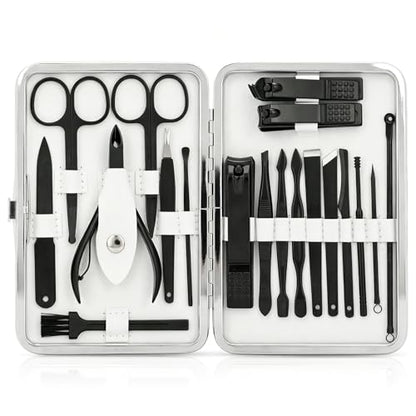 Manicure Set, Jubolion 19pcs Stainless Steel Professional Nail Clippers Pedicure Set with Black Leather Storage Case, Portable Grooming Kit for Travel or Home, Perfect Gifts Women and Men (Black)